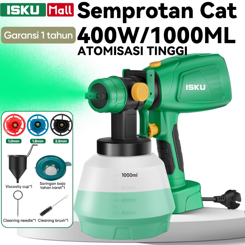 ISKU Spray Gun Cat Listrik 400W kaleng semprot cat Nozzle Tembaga Murni 360°Berputar 1000mL Kapasitas besar 3 Ukuran Nozzle (1.0/1.8/2.5mm) Anti Tumpah Tahan bocor - Terlaris 2026 (Garansi 1 Tahun)