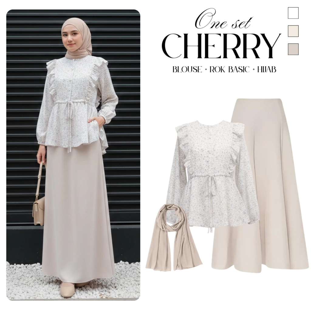 One Set Wanita Kekinian ( Blouse Ruffle + Rok Basic + Hijab Pasmina ) 3in1 Cherry Outfit Casual Semi Formal Setelan Lebaran Remaja Muslimah OOTD - DPTGF