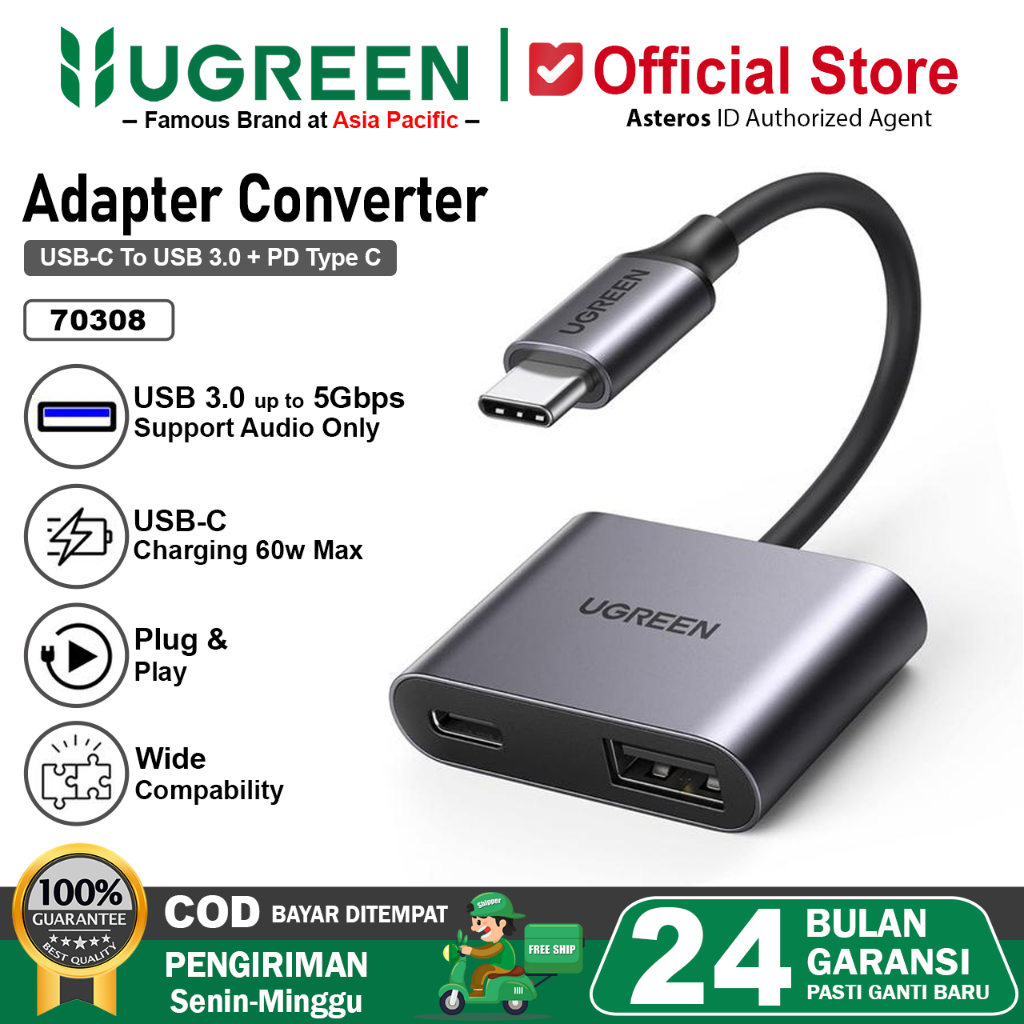 Jual UGREEN OTG Converter Type C to USB A 3.0 + PD Type C 60w 70308 ...