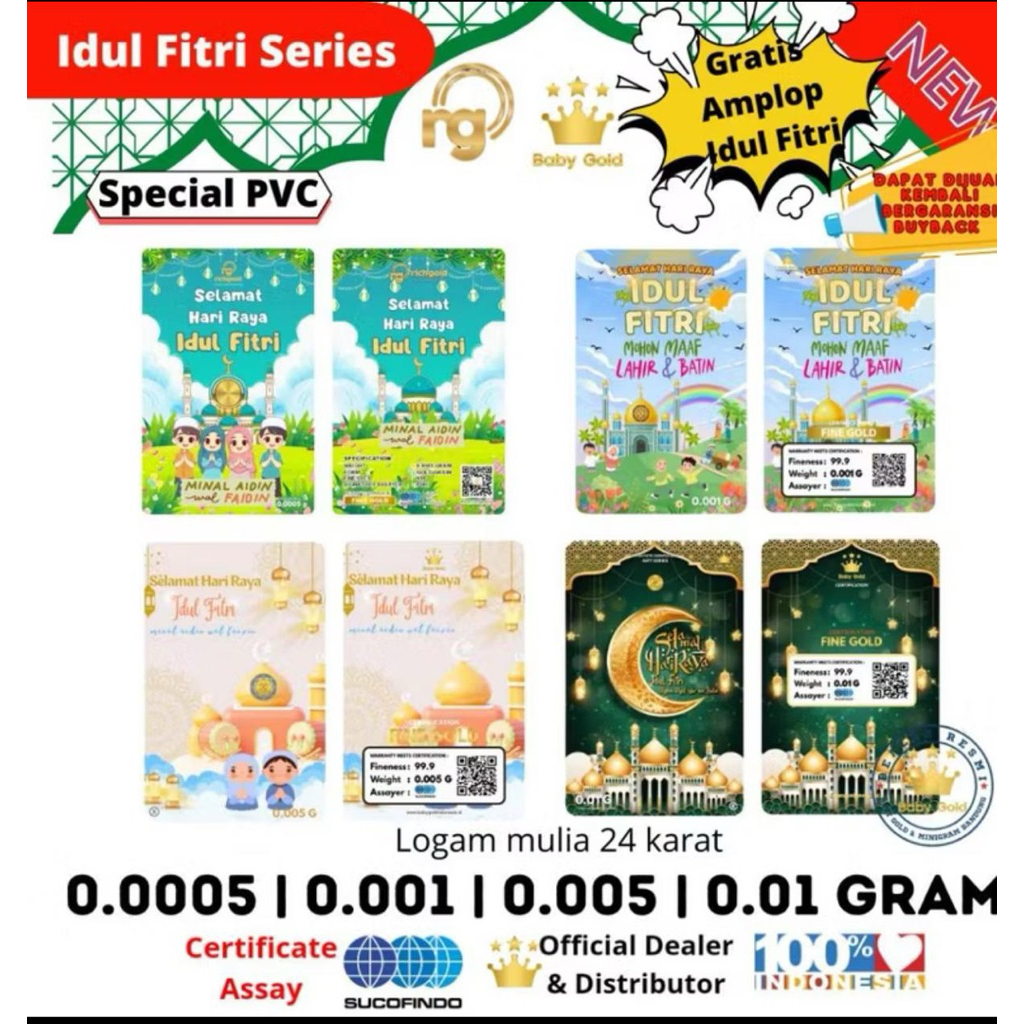 New logam mulia special edisi selamat idul fitri Baby gold 0,001 emas asli certicate of assay sucofindo