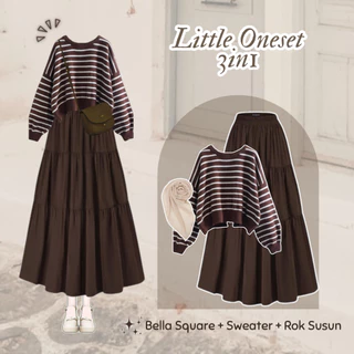 LITTLE Oneset 3in1 | Rok Susun Flowy Coklat Tua + Sweater Shabira Rajut Stripe + Hijab Bella Square | Outfit Feminim Viral - OOTD Hijab Aesthetic Kekinian - Setelan Hijab Daily - Outfit Cewek Manis -DS19