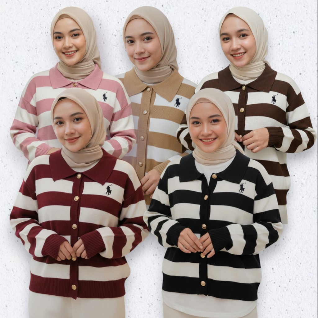 Jual Cardigan Rajut Wanita Kekinian Motif Stripe Sweater Rajut Kerah ...