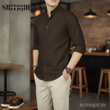 Suitique ID Kemeja Lengan Panjang Pria Cotton Pique Anti Kusut Beige Nouveau Cream Formal Casual