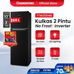 [BIG CAPACITY] Changhong Kulkas 2 Pintu (Refrigerator) kulkas Inverter No Frost tanpa Bunga Es Kapasitas 269 Liter FTM355NIB Black (Kulkas Anti Bunga Es) (Laci Penyimpanan Besar)