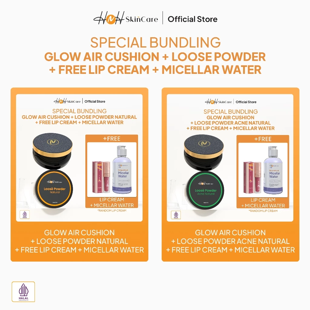 HNH Skincare - BUY 2 GET 2 - Glow Air Cushion + Loose Powder (Acne/Brightening) FREE Micellar Water+ Lip Cream (Random Varians) - foto 1