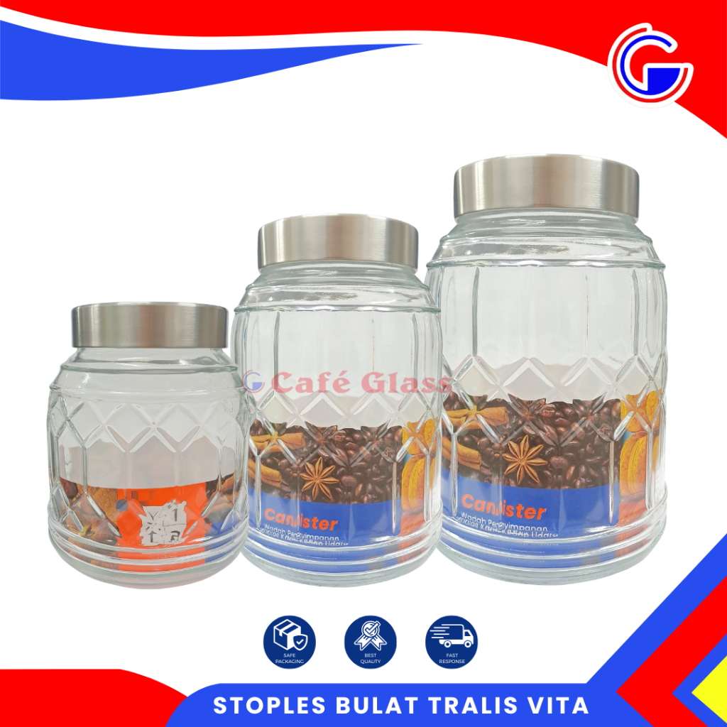 Toples Kue Kering Lebaran - Kaca Jumbo  Tutup Stainless - Toples Kedap Udara Anti Semut - Stoples Bulat Tralis Vita