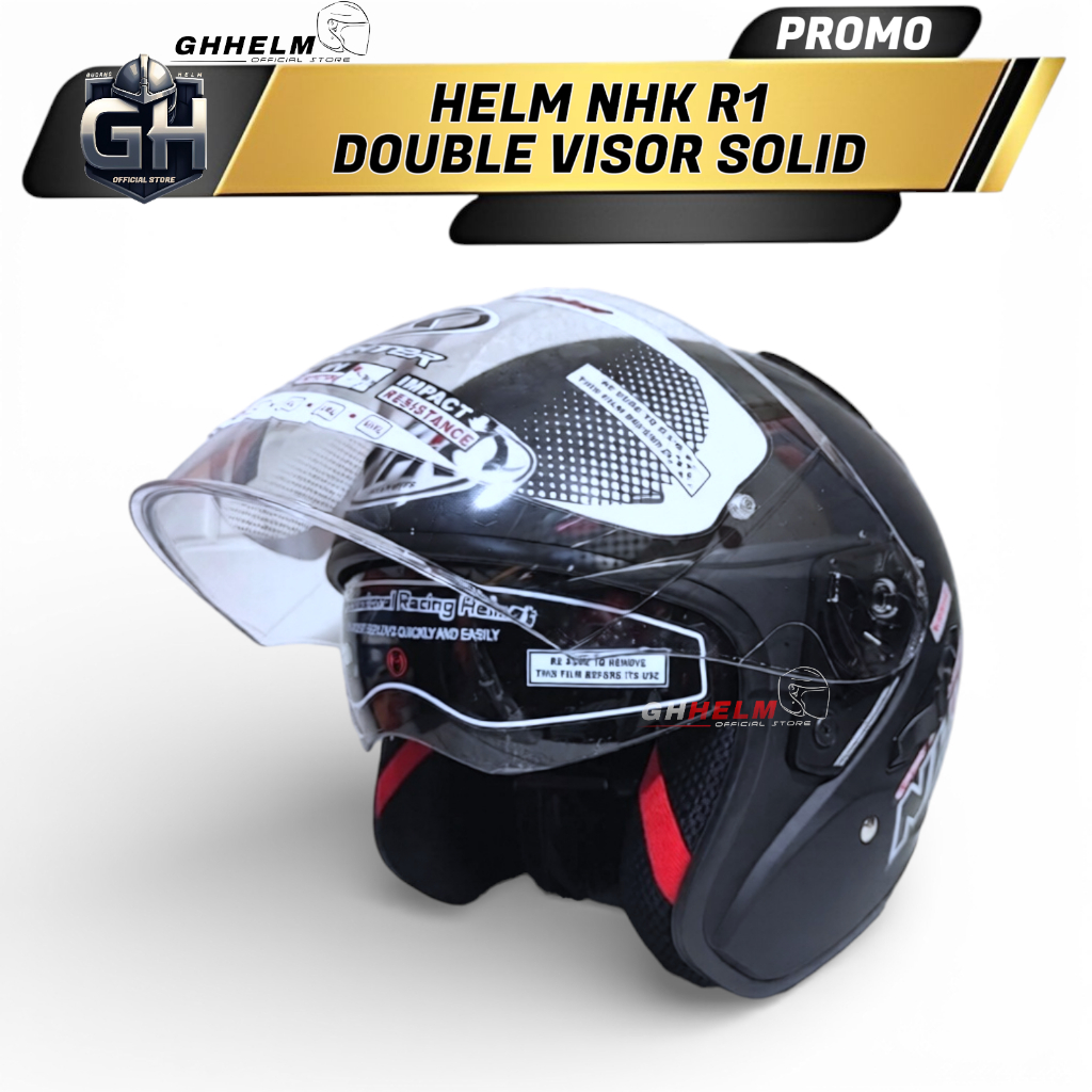 Jual HELM NHK R1 DOUBLE VISOR SOLID BLACK DOF HELM HALF FACE NHK R-1 ...