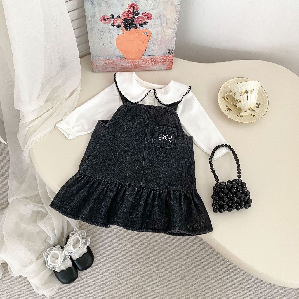 Jual LOUIEBABY 1-6thn | Black Ruffle Denim Overall Set (OVERALL ...