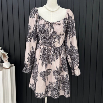 Dress Hitam Korea Elegant Midi Dress 2025 Princess Floral Dress Lengan Pendek Big Size Pantai