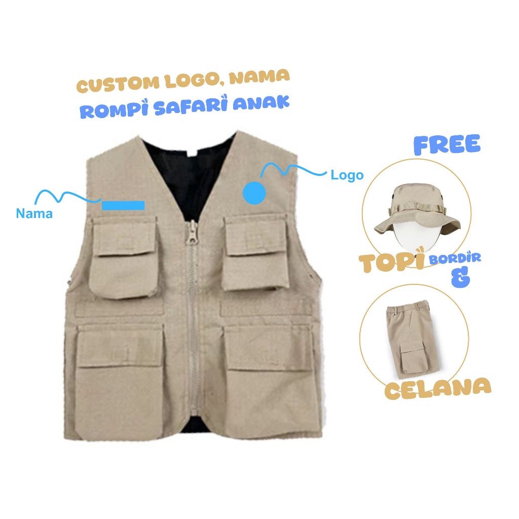 Jual Setelan Rompi Topi Rimba Celana Safari Anak custom nama dan logo ...
