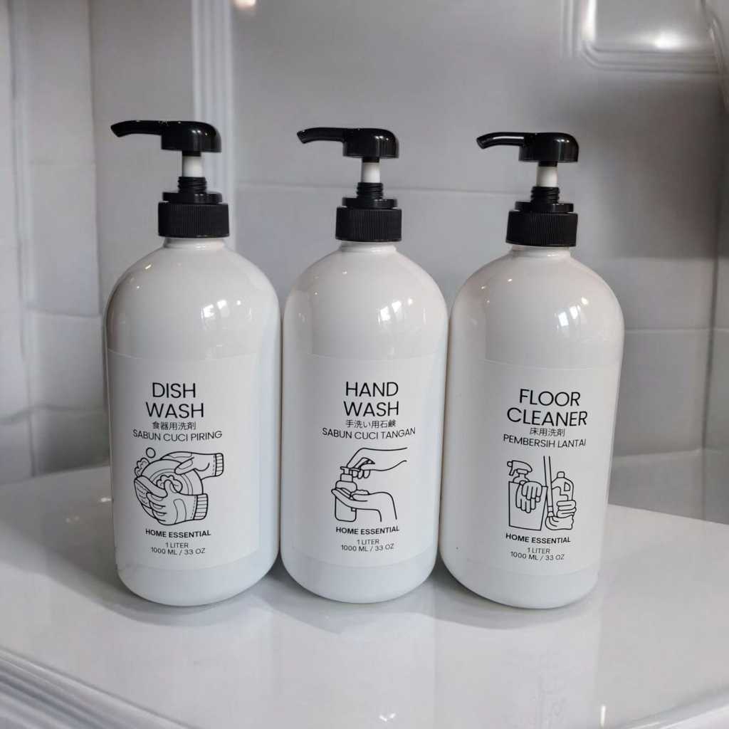 Jual Botol Pump Bulat 1000 ml Detergen Cair / Softener / shampoo , dll ...