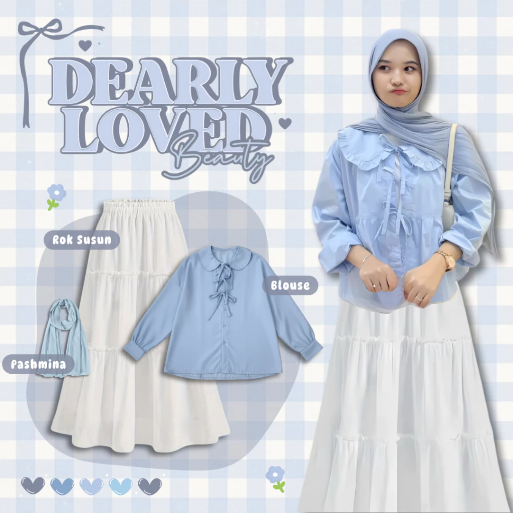 One Set Wanita 3in1 Korean Style | Sysy Blouse Tali Pita Soft Blue + Rok Susun Putih + Pashmina Ceruty Baby Blue | Outfit Wanita Hijab Simple Manis Casual Classy Feminim Fashion Kekinian - UC98
