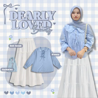 One Set Wanita 3in1 Korean Style | Sysy Blouse Tali Pita Soft Blue + Rok Susun Putih + Pashmina Ceruty Baby Blue | Outfit Wanita Hijab Simple Manis Casual Classy Feminim Fashion Kekinian - UC98