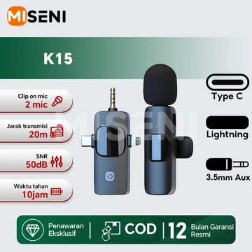 MISENI K15 3 IN 1 Lavalier Wireless Microphone Dual Mikrofon Clip On Mic Bluetooth Tanpa Kabel