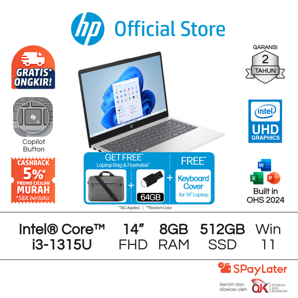 Laptop HP Intel Core i3 UHD 4GB 8GB RAM 512GB SSD Blue Gold Silver  Windows 11 Home 14 Inch Gen 12 Garansi Tahun Promo Murah Gratis Ongkir