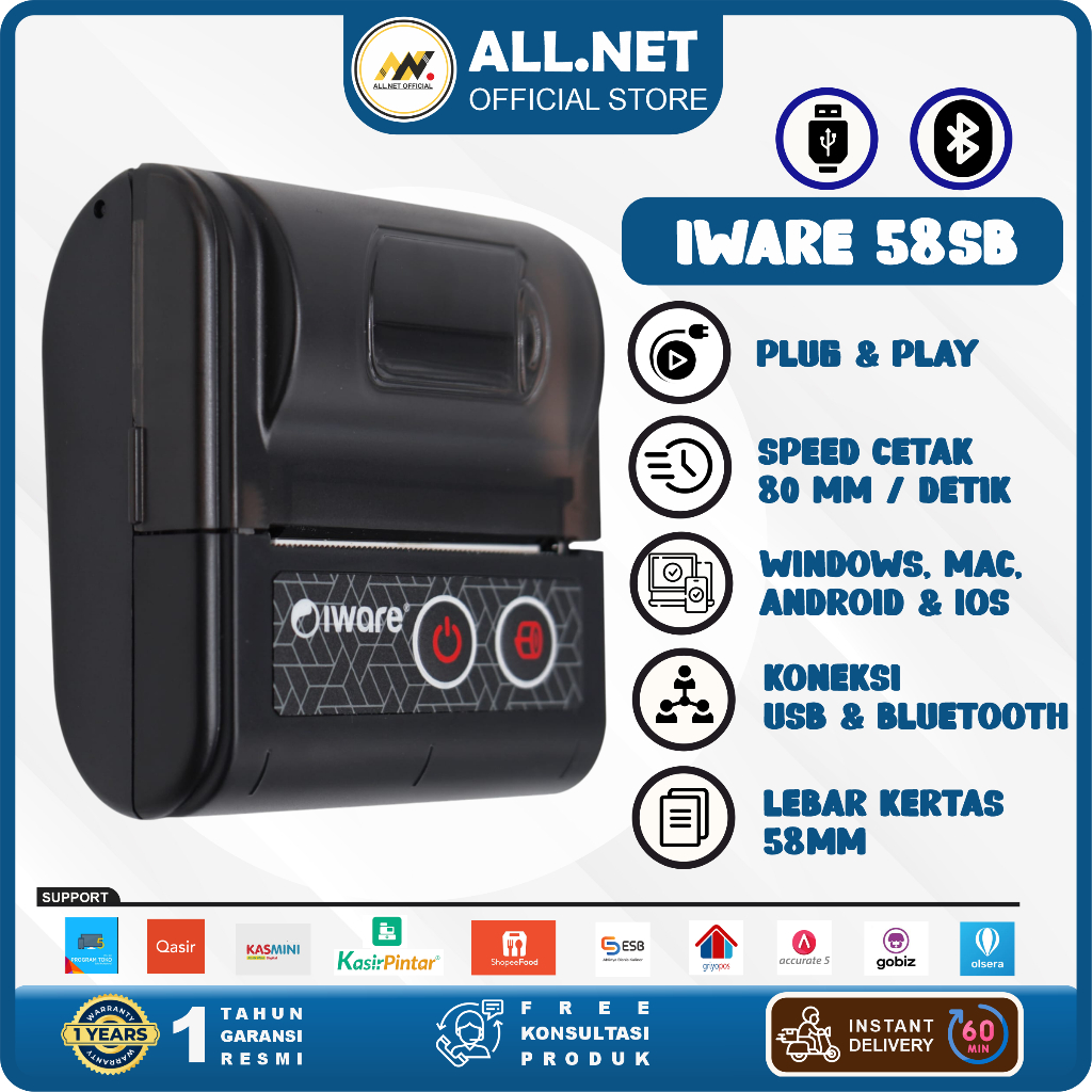 Jual Mobile Printer Bluetooth Thermal Baterai 58mm Iware 58SB RPP02N ...