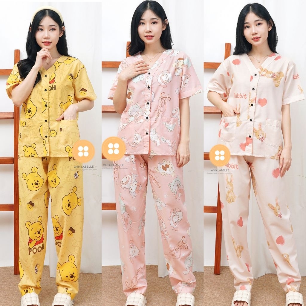 WHY.LABELLE setelan baju tidur piyama katun celana panjang tanpa kerah