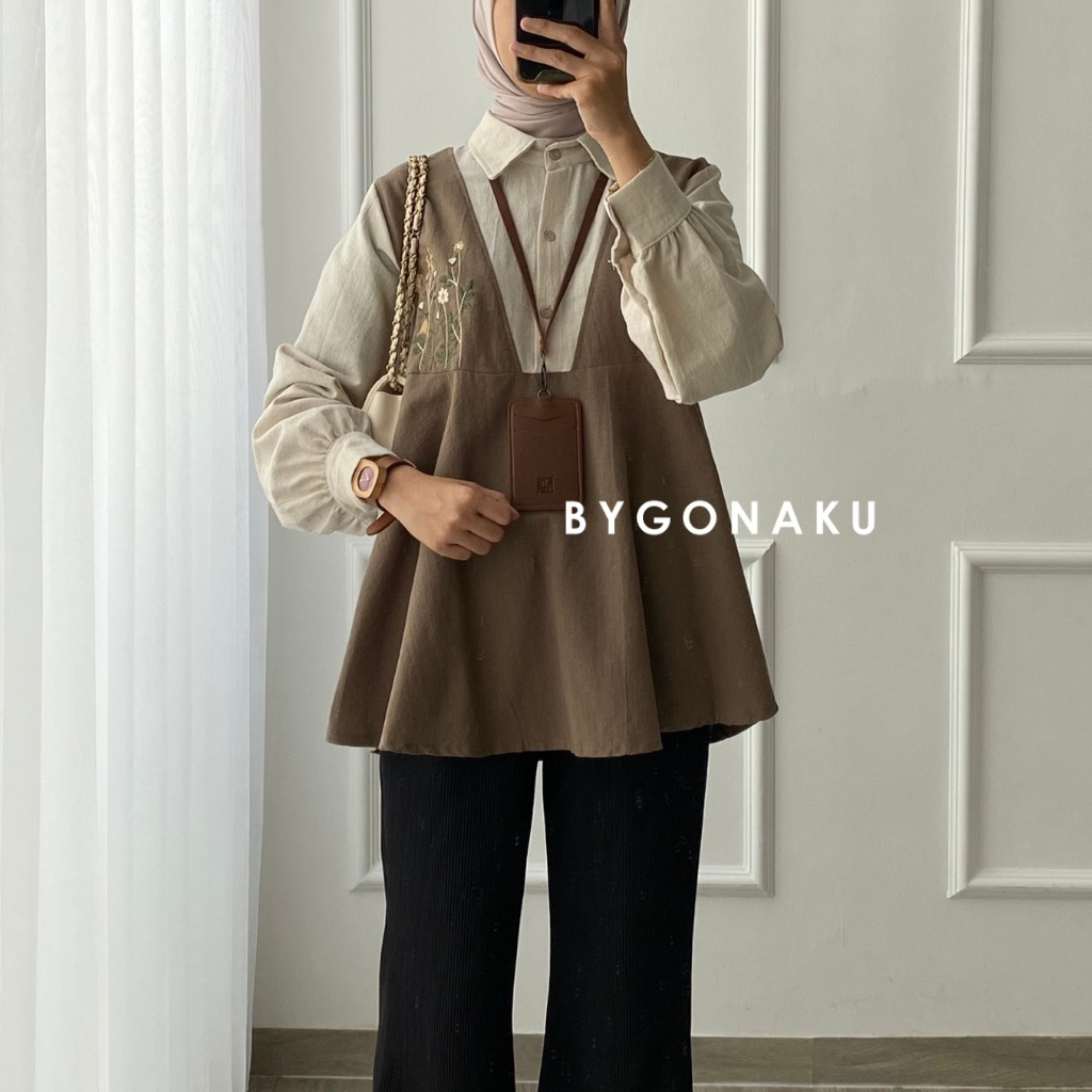 [Bygonaku] Senja Top Blouse Linen Bordir | Atasan Blouse Kemeja Kerja Wanita Korean Style | Busui Friendly