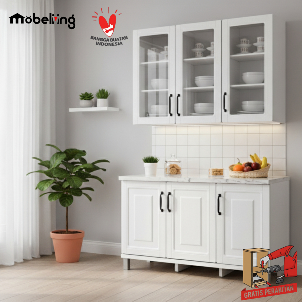 Mobeliving - Kitchen Set Atas Kaca 3 Pintu Putih