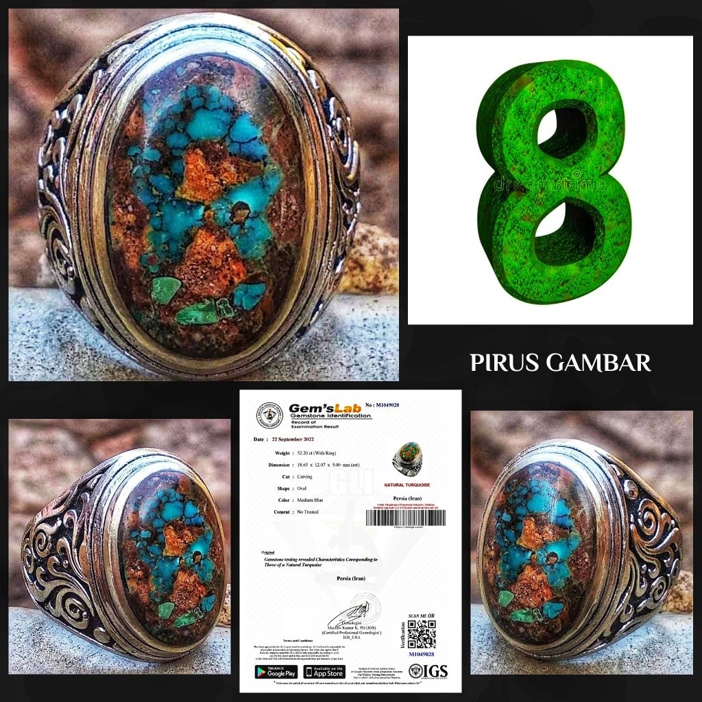 Jual batu pirus ijo daun multi colour motif angka 8 + sertifikat lab ...