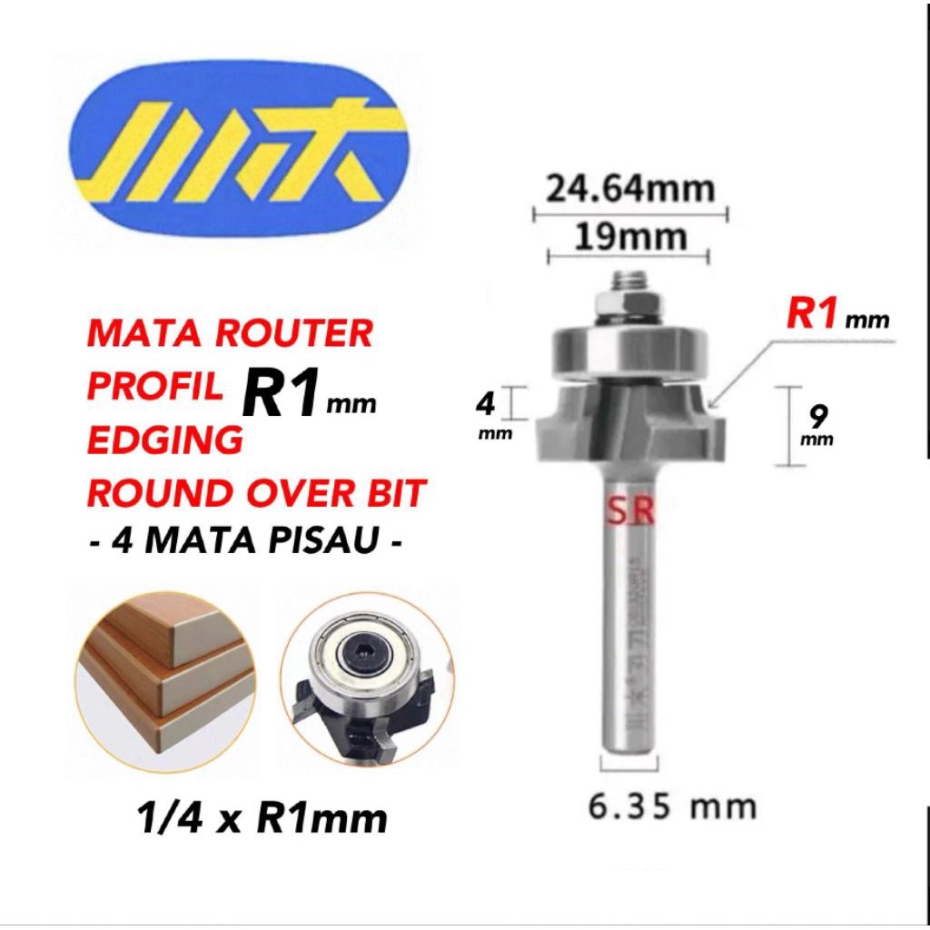 Jual Mata Router/ Profil Edging R 1mm 4 Mata Pisau/ Round Over Bits ...