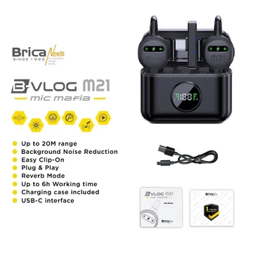 Brica B VLOG M21 Dual Wireless Microphone Clip On Mic Vlog With Charging Case BVLOG
