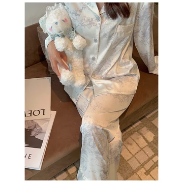 SLEEPY Baju Tidur Lengan Panjang Setelan One Set Wanita Dewasa Motif Marble Paint Elegant Bahan