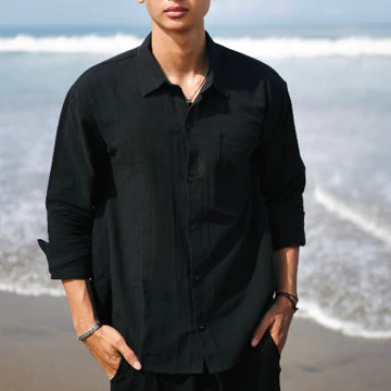 BEACHWELL Kemeja Lengan Panjang Linen Katun Angel Pria Oversized Bordir Anchor Polos Premium