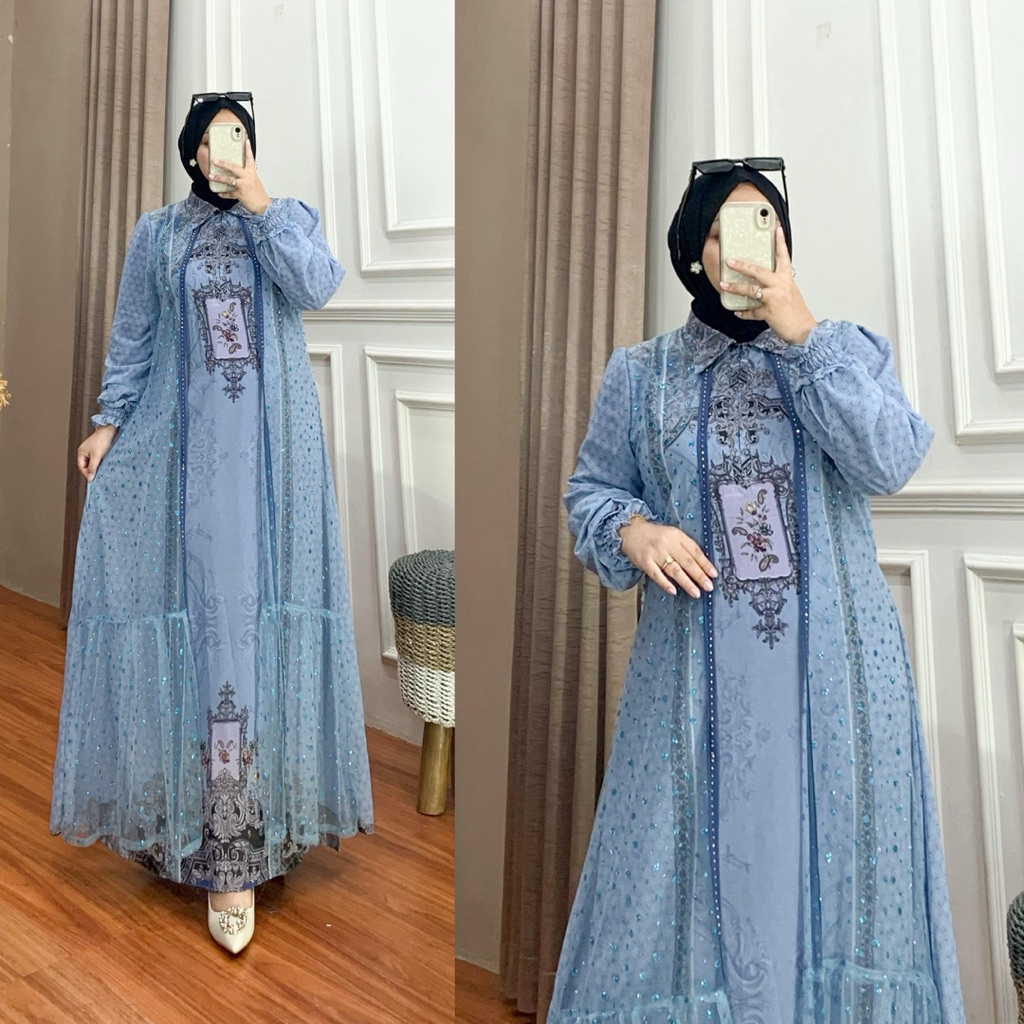 KINAN DRESS GAMIS LEBARAN TILE CERUTY PRINTING MEWAH SULTAN TERBARU ELEGAN KONDANGAN