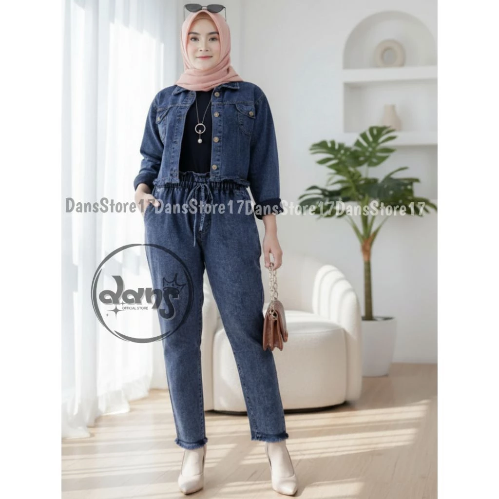Jaket Jeans Wanita Casual Set Celana Baggy Nyaman