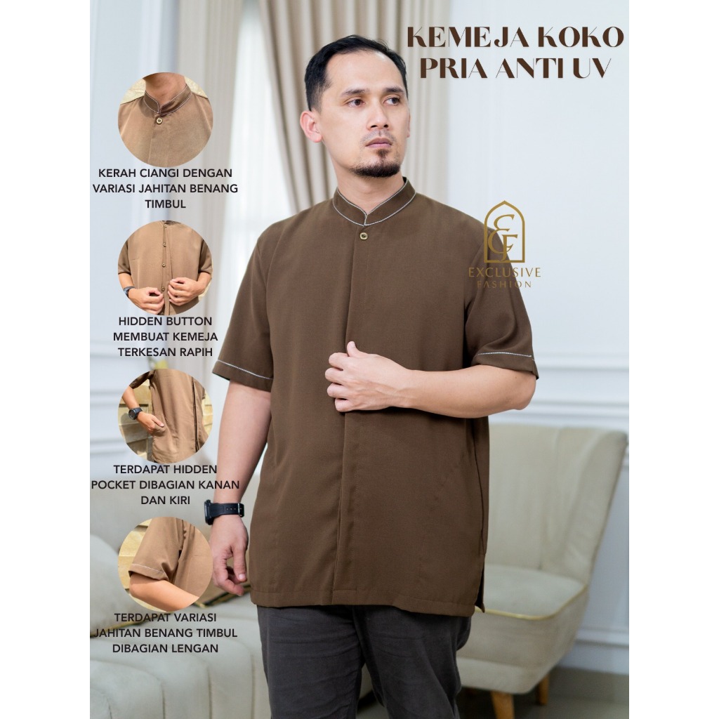Kemeja Koko ANTI UV Pria Kerah Ciangi Shanghai Variasi Jahitan Benang Timbul Size S L XL Jumbo