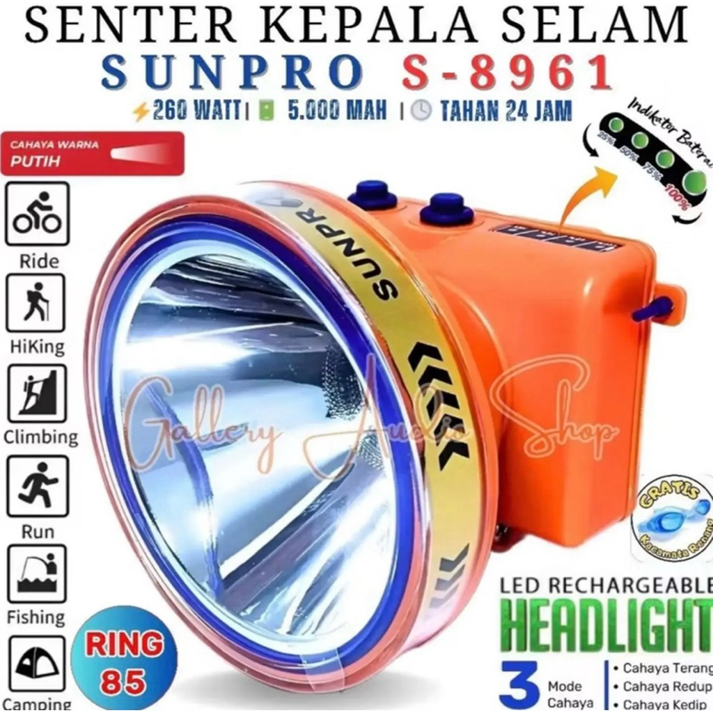 Jual SUNPRO S-8961 Senter Kepala Selam LED Cahaya Putih Rechargeable ...