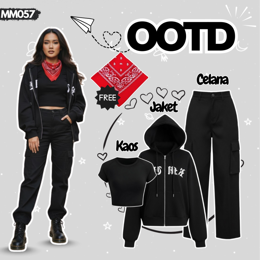 Jual Oneset Kalcer Wanita Kekinian 3in1 | Kaos Crop Top HItam | Jacket ...