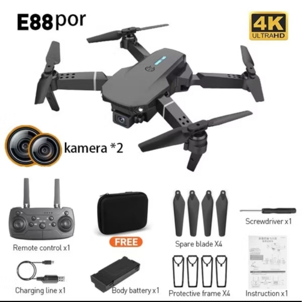 Jual Drone E88 Pro Dual Kamera 4K HD Wifi FPV Kamera HD Posisi Visual ...