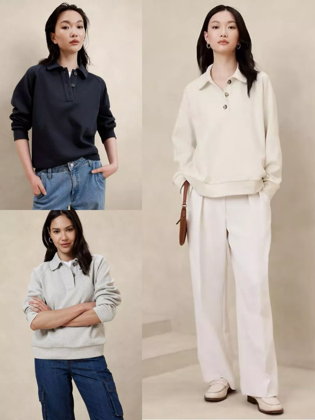 Sweater Lengan Panjang Wanita Dengan Kancing Elegan  Women's Double Twill Polo Sweatshirt - BR-9513