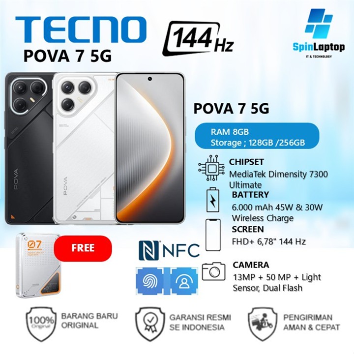 TECNO POVA 7 5G | RAM 8GB 256GB Baterai 6000mAH Performa Gaming +Free Wireless c
