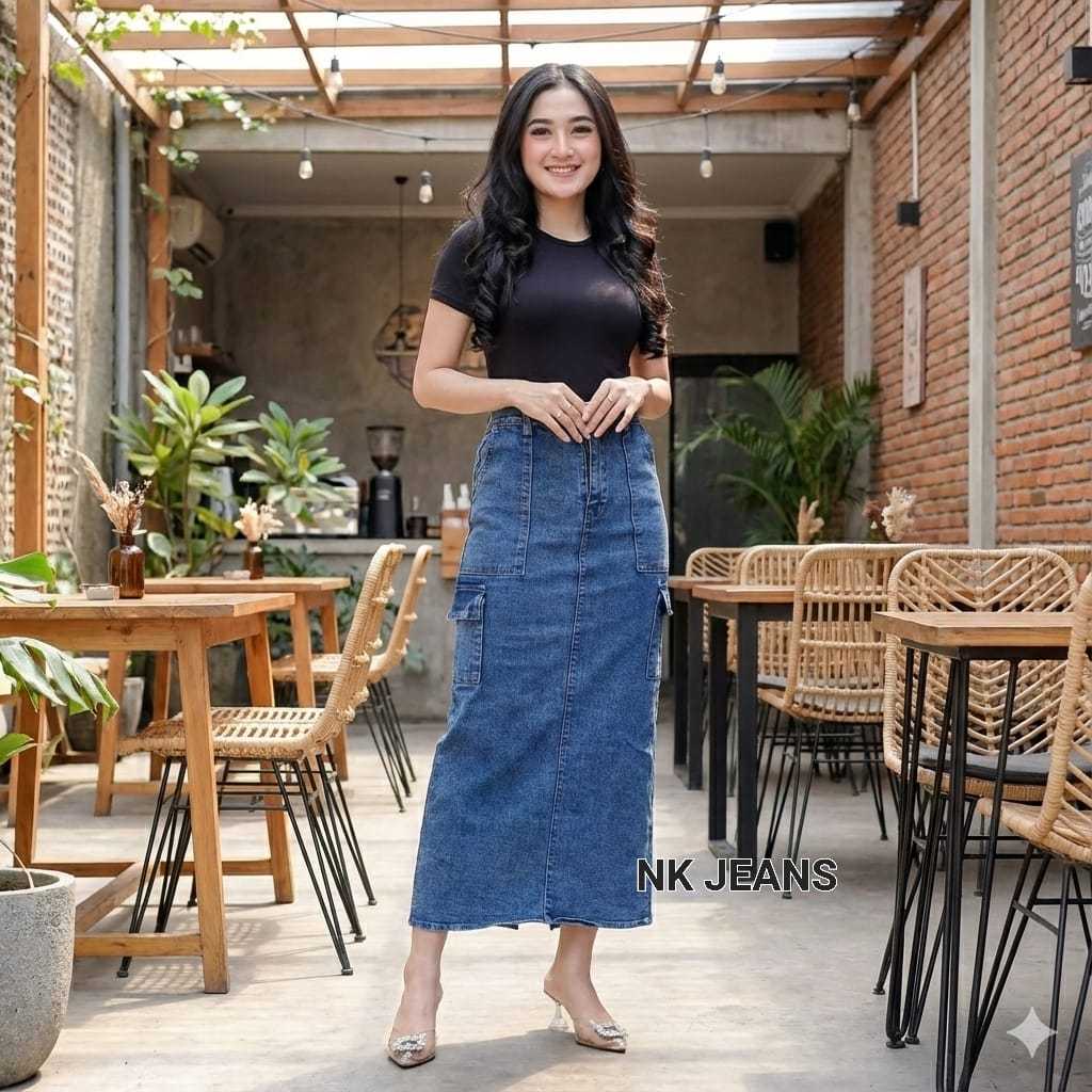 Jual Rok Jeans Cargo Panjang Wanita Stretch Premium Tebal Highwaist ...