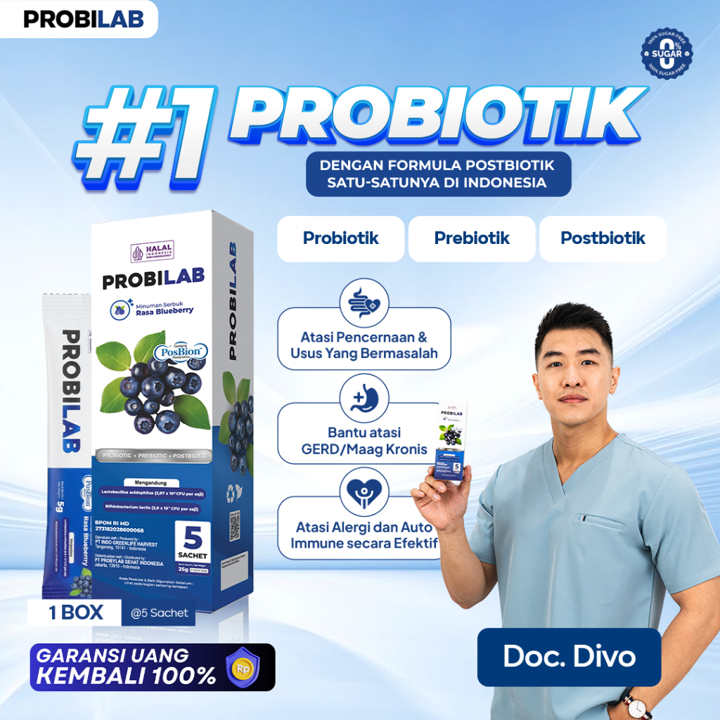 [KHUSUS LIVE] PROBILAB – Suplemen Kesehatan 3 Biotik Blueberry | Minuman Serat Rendah Kalori, Postbiotic Probiotic Prebiotic, Bantu GERD & Asam Lambung, Pencernaan Sehat, Detox Usus, Halal BPOM