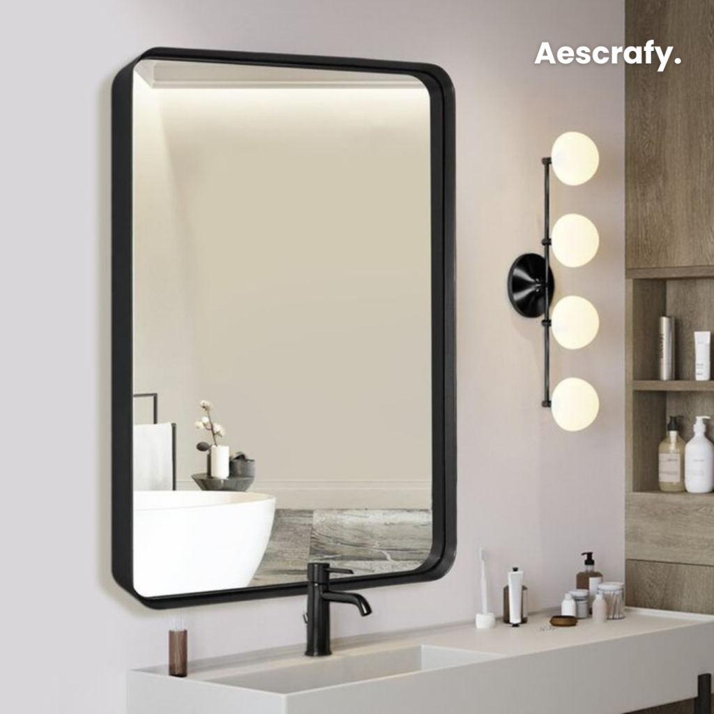 Aescrafy Cermin Kaca Persegi Rounded Frame – Cermin Dekorasi Dinding