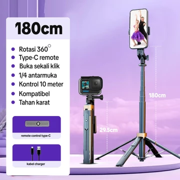 Jovitech Tripod 4 Kaki Stabil Tongsis Selfie Stick Bluetooth Satu Fungsi Klik 178cm TR17