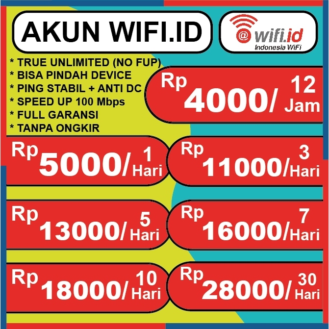 Wifi ID 12 jam, 1 hari, 3 hari, 5 hari, 7 Hari, 10 hari, 30 hari