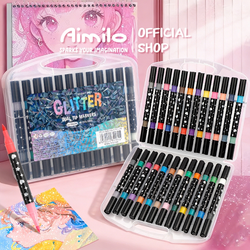 Jual [READY] Aimilo Spidol Glitter Marker Set 2 Sisi 2 Warna Brush Pen ...