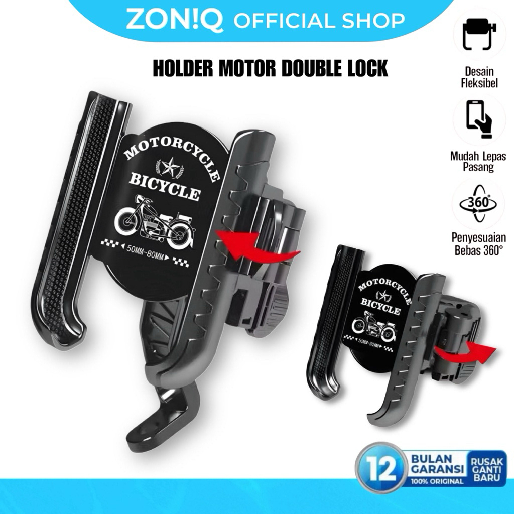 ZONIQ Holder Hp Spion Motor Double Lock Stand Dudukan Handphone Motor Kokoh Stabil 360 Rotasi Universal