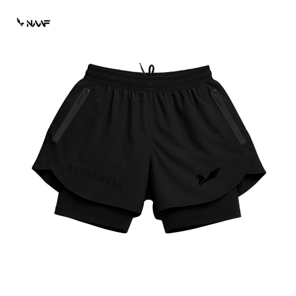 NAAF - Celana Olahraga Pendek Pria Running Short Pants Sporty Full Black 2in1 Legging Micro Stretch Premium