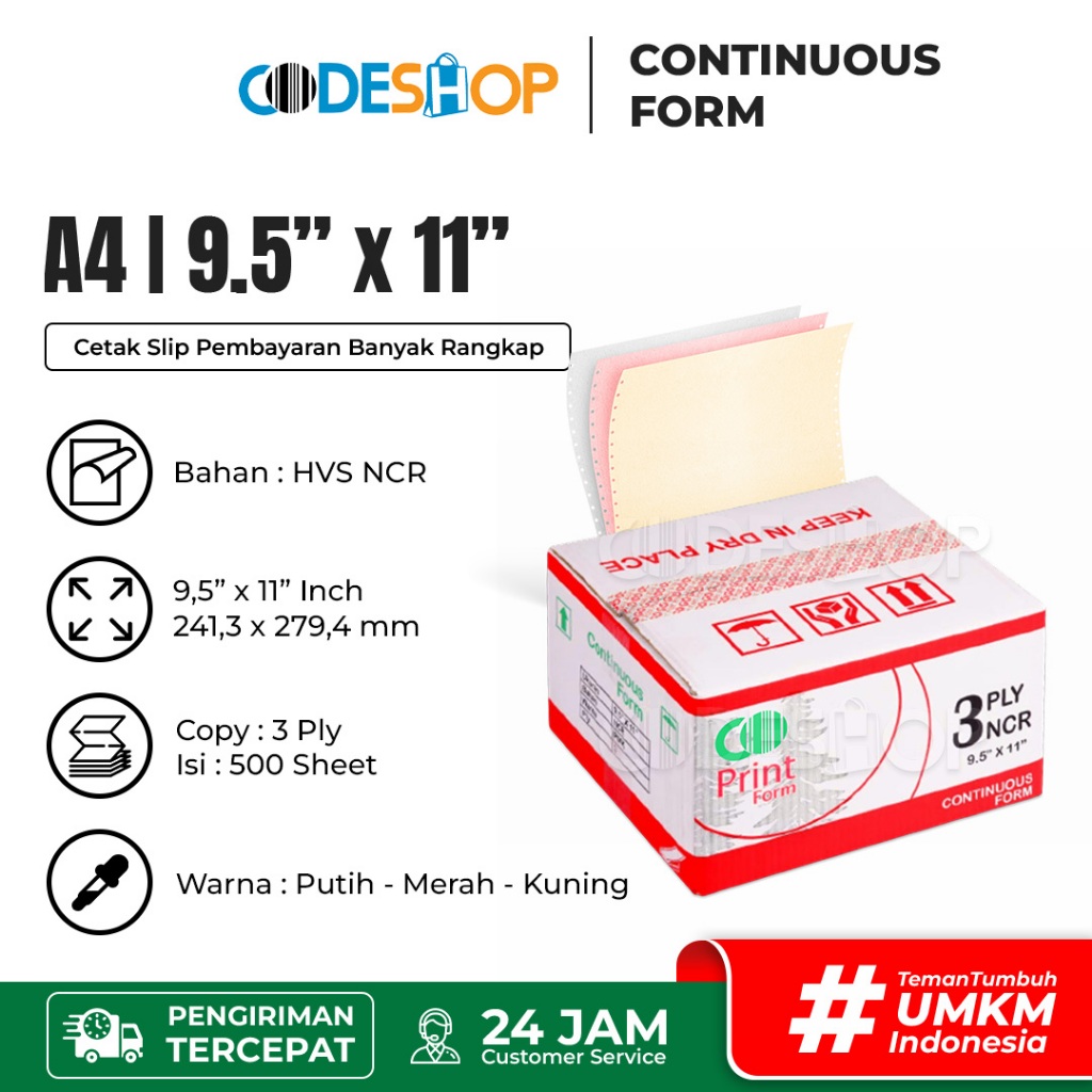 Jual CODESHOP Kertas Continous Form A4 9,5x11 Inch 3 Rangkap Ply 24cm x ...