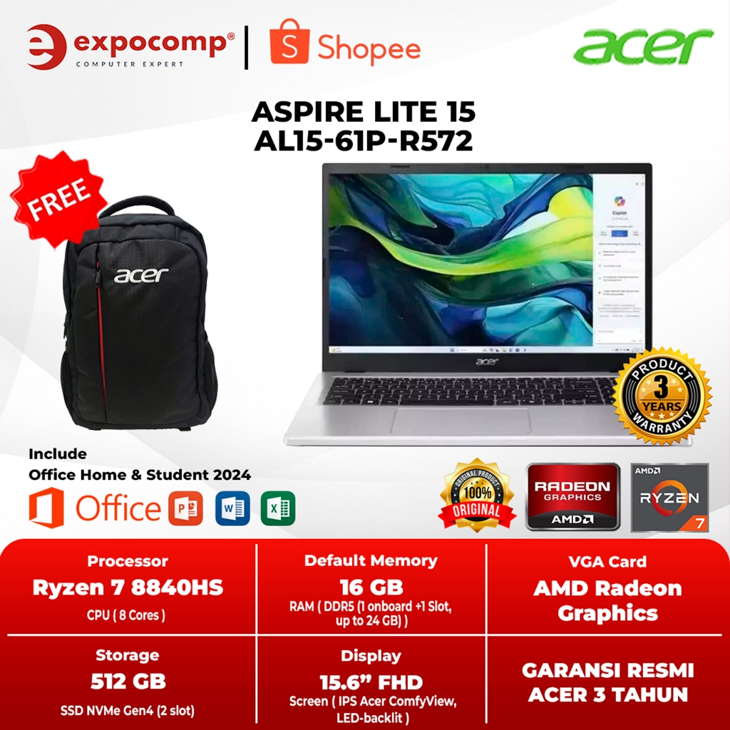 Jual ACER ASPIRE LITE 15 AL15-61P-R572 SILVER AMD RYZEN 7-8840HS 16GB ...