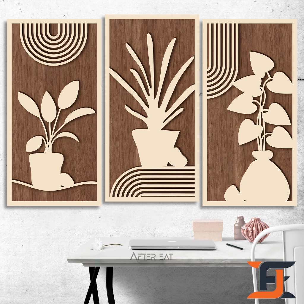 HIASAN DINDING SET ISI 3 (15X30CM) BOTANICAL WOOD PAJANGAN DEKORASI KAYU KAMAR RUMAH BUNGA KEKINIAN
