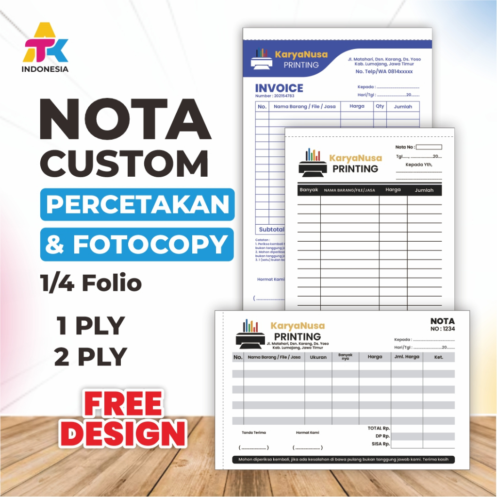 Jual Nota Custom Percetakan & Fotokopi [ ATK INDONESIA ] Ukuran 1/4 F4 ...