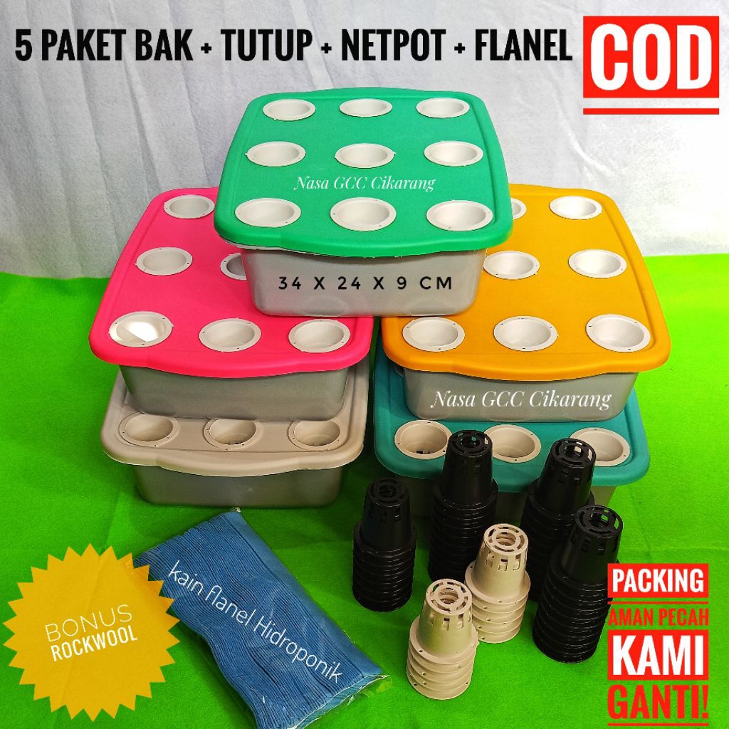 Paket 5 Bak Hidroponik Plus Tutup + Netpot + Flanel Bonus Rockwool