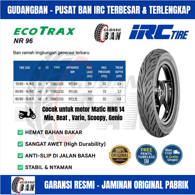 Jual [ PAKET SEPASANG / SATUAN ] IRC ECOTRAX NR96 RING 14 Ban Motor ...